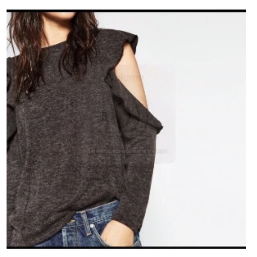 Zara Grey Open Shoulder Ruffle Sleeve Sweater